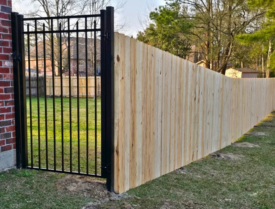 Natural Wood and Black Aluminum Fence